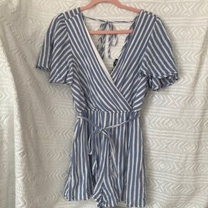 White and blue striped romper size medium